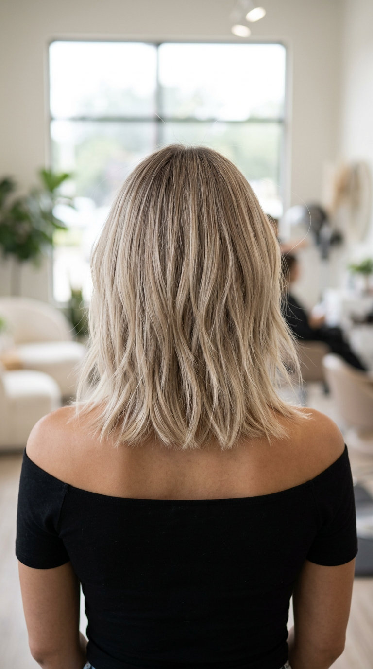 medium lob haircut with sandy beige linen blonde, wheat undertones, choppy layers — soft, effortless