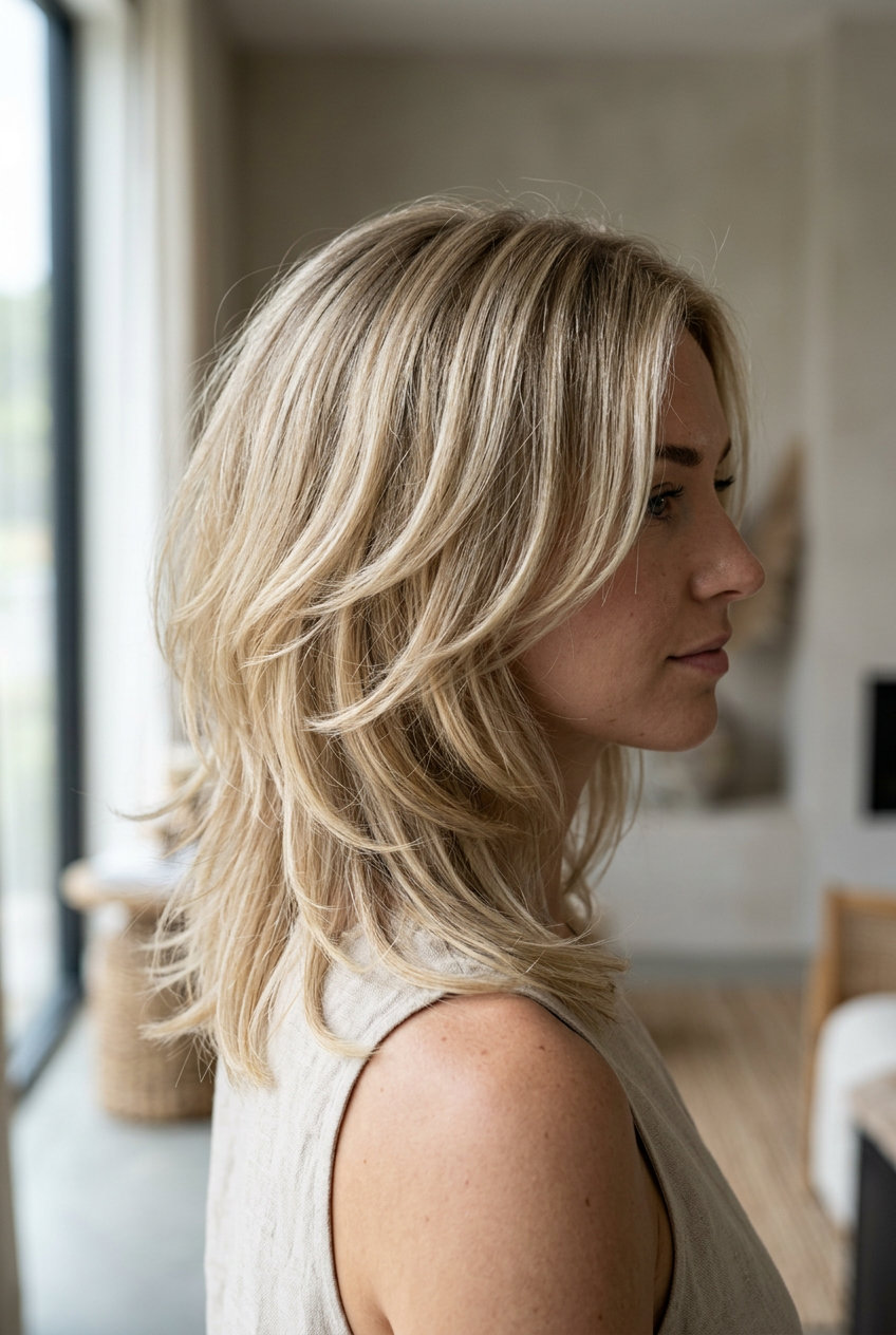 medium linen blonde wolf cut with ash undertones, internal layering, curtain bang — minimalist, modern