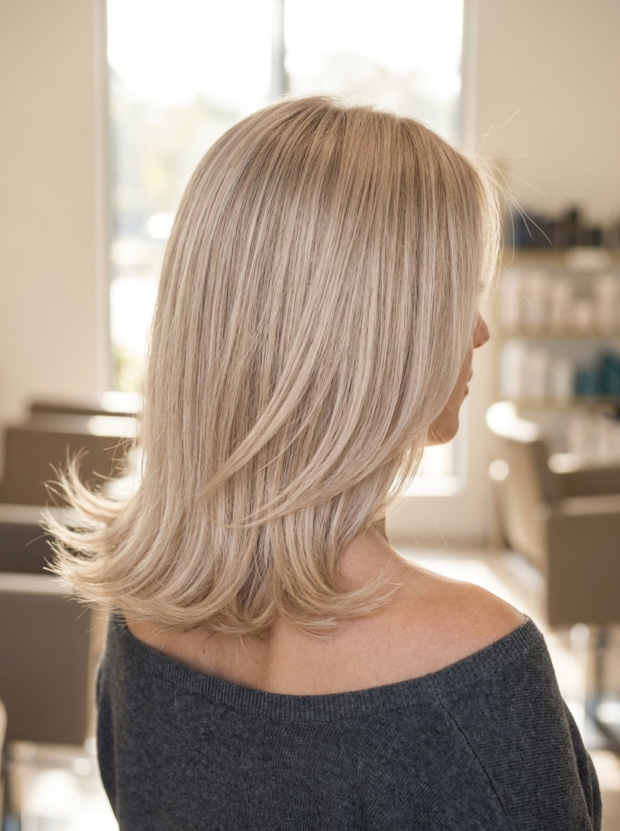 mid-length haircut in pale linen blonde with babylights, flicked-out ends, playful