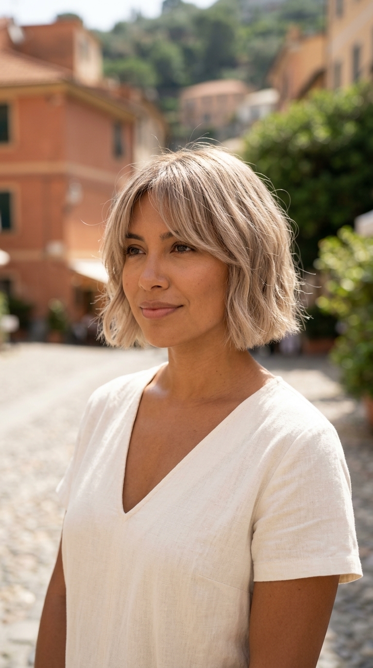 short bob haircut with linen blonde and cool root shadow, razored ends, curtain bangs — chic, breezy