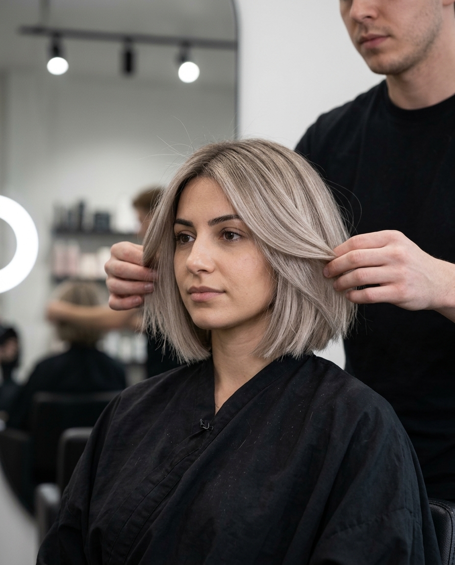 short textured bob haircut with linen blonde & ash root smudge, face-framing pieces for minimalist bohemian look