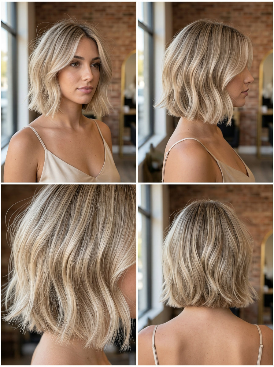 short bob haircut in linen blonde with sandy beige babylights and face-framing pieces for summer