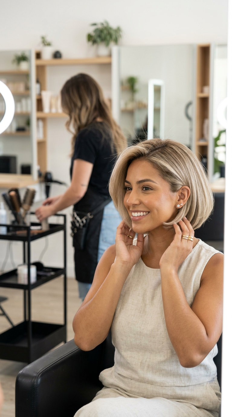 short Italian bob haircut in linen blonde with sandy babylights and root smudge for summer