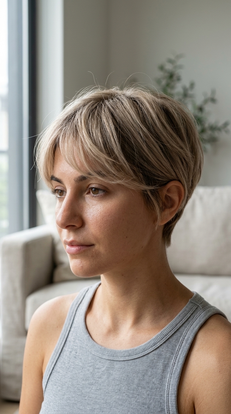 short layered pixie haircut with linen blonde & ash root smudge, wispy side-swept fringe for effortless chic