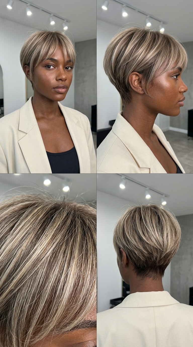 short pixie haircut with linen blonde & ash brown babylights, wispy fringe for soft effortless look