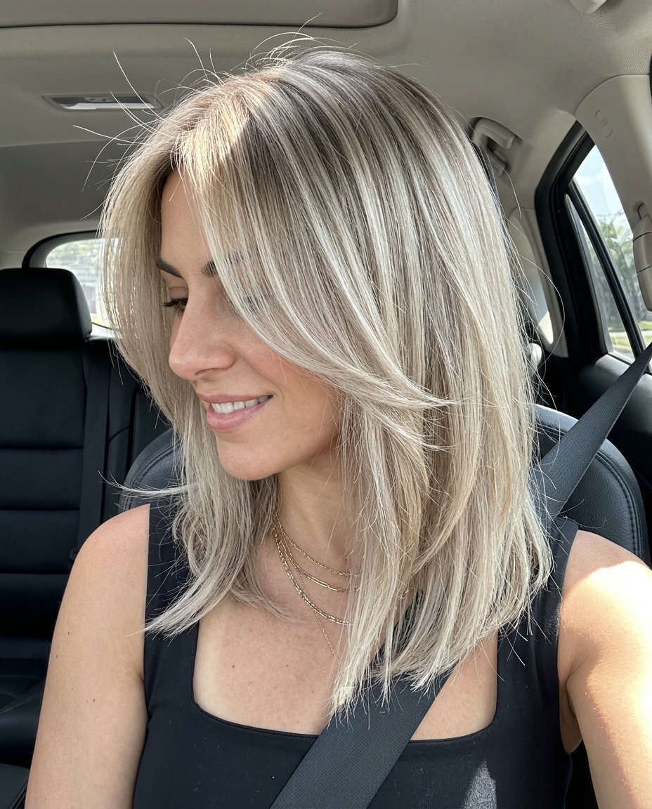 shoulder-grazing midi haircut in cool beige linen blonde with ash root smudge for summer 2026