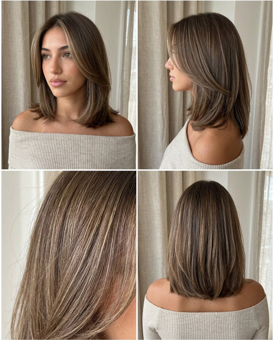 blunt cut brunette with linen babylights, sandy beige — soft, minimalist