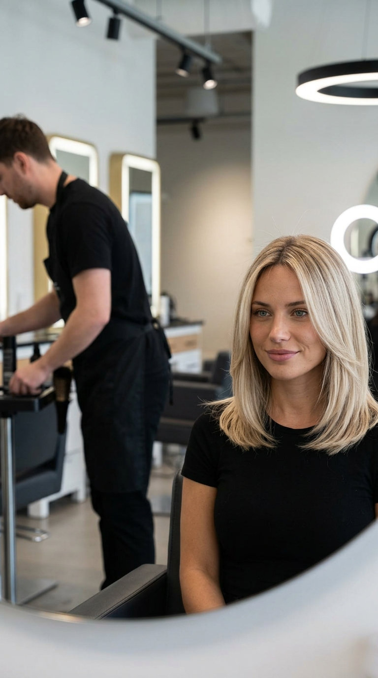 collarbone-length haircut in linen blonde with beige babylights, soft layers, for effortless style
