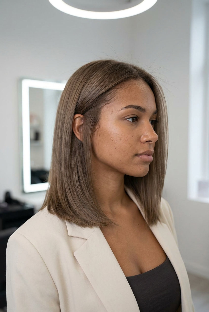 long linen brunette hair color with beige tones, all-over neutral application, no fringe — sophisticated refinement