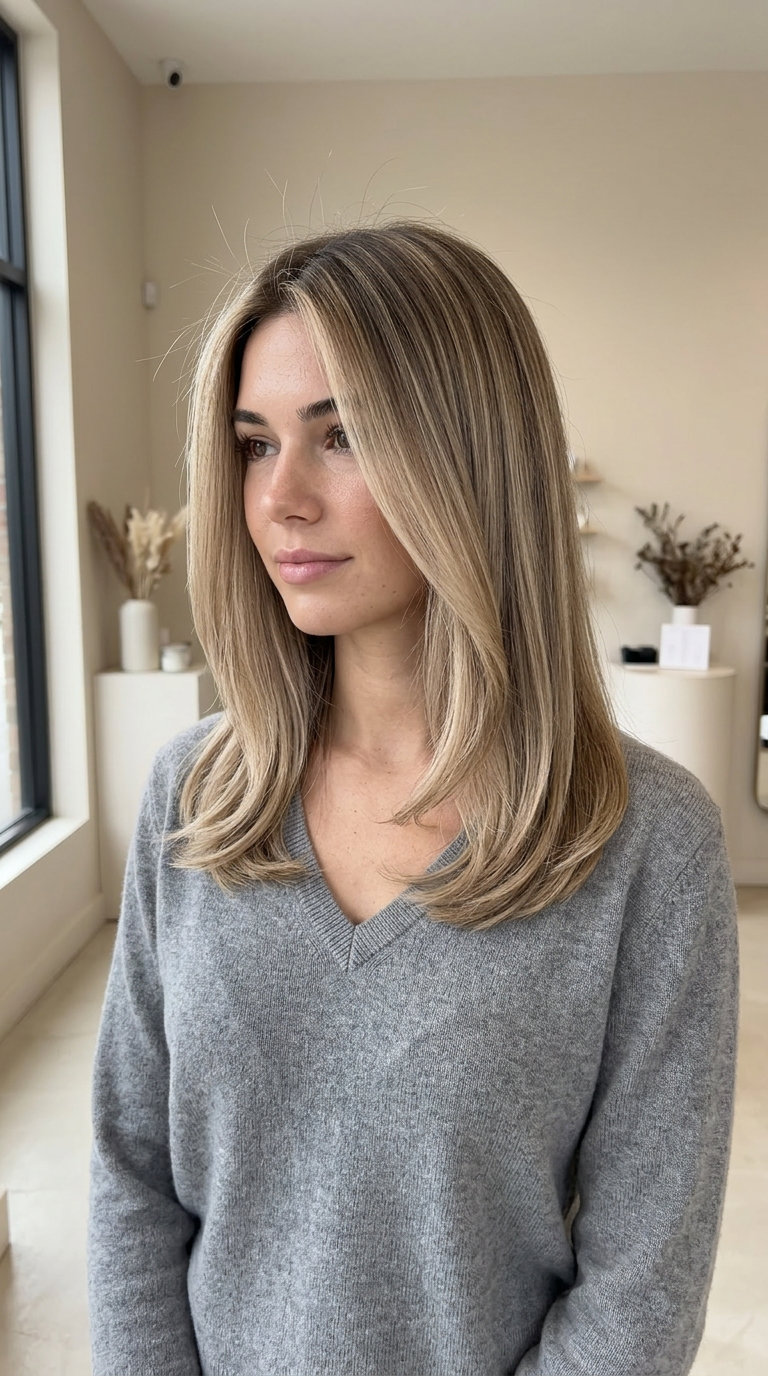 shoulder-length linen blonde balayage with beige and sandy lowlights, mushroom brown root, no fringe — sophisticated daily wear