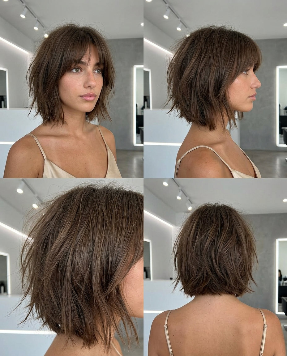 jaw-length messy bob haircut with lived-in brunette, razored perimeter and choppy layers for summer