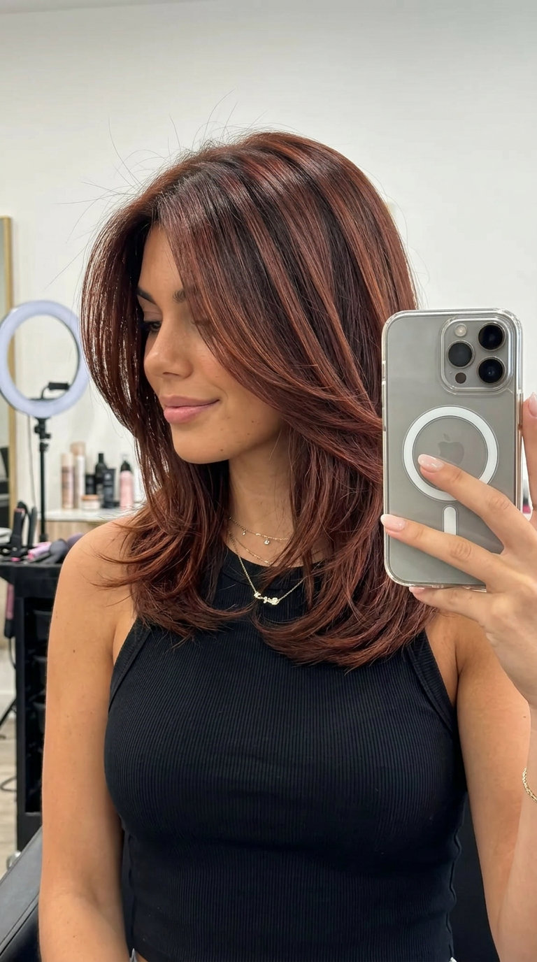 long mahogany-auburn highlights on chocolate brown base with color melt, rich shimmer — romantic date night