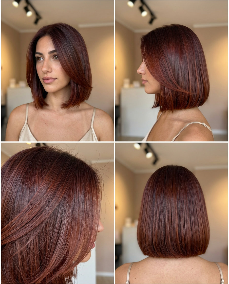 shoulder-length blunt bob with mahogany auburn, red-violet undertones, sleek finish for professional event