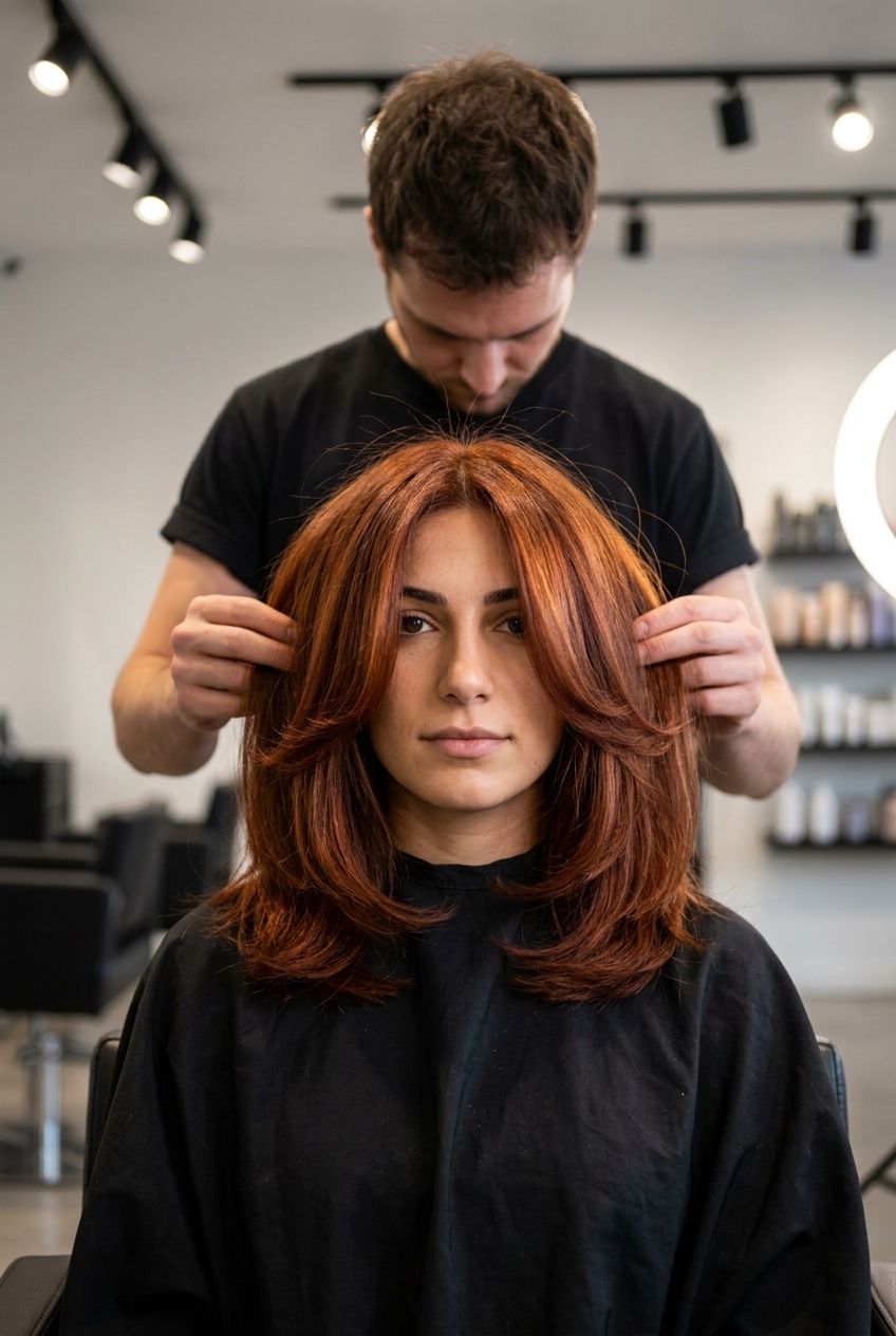 shoulder-length curve cut in warm mahogany auburn with copper reflects, sweeping face-framing layers — glamorous daily office look