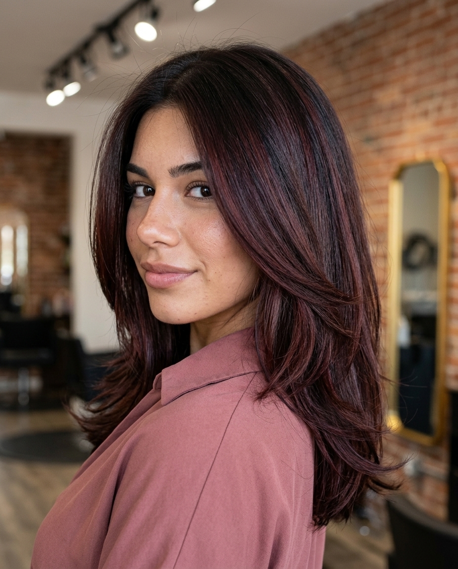 long mahogany and black cherry highlights on espresso brown base with color melt, sultry gradient — bold statement