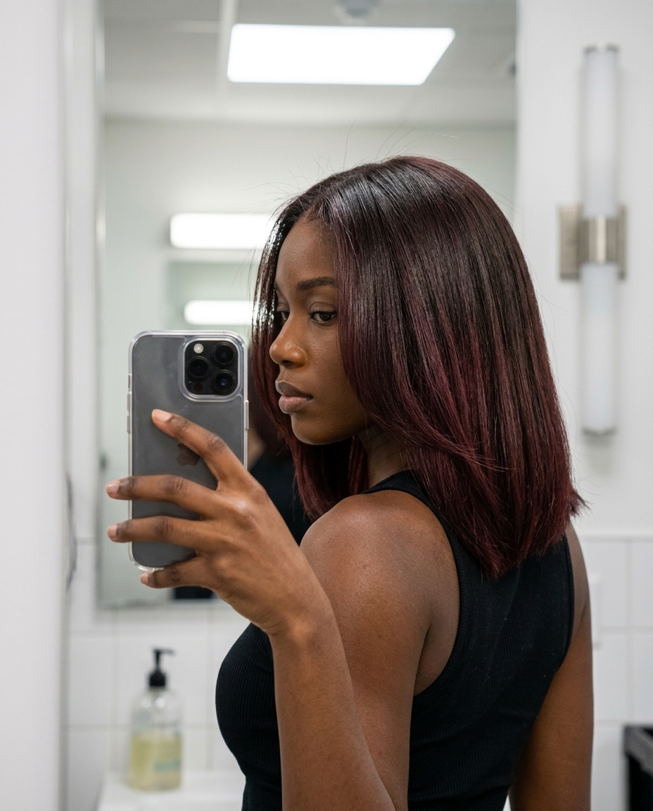 long mahogany brown balayage with deep chocolate and red-violet underlights, hidden gem effect — sophisticated date night