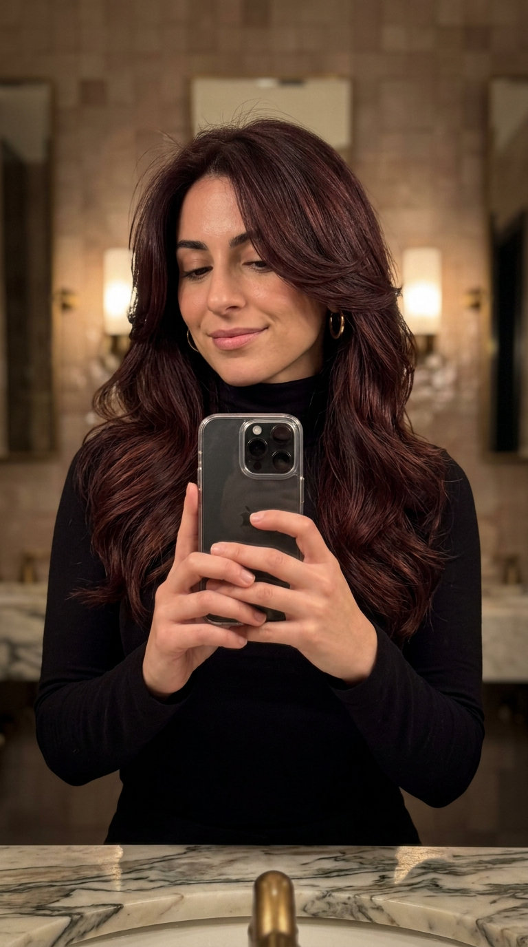 long mahogany brown with red-violet undertones for romantic sophistication