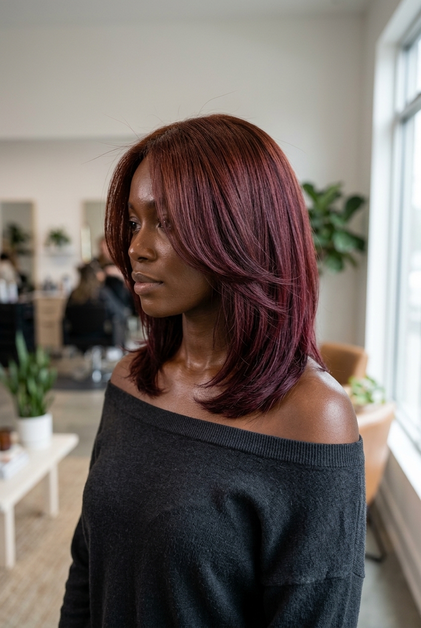 long subtle layers with mahogany to deep burgundy color melt and velvet sheen for formal events