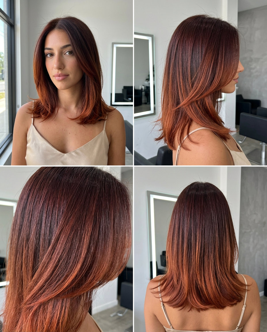 long layered ombre with mahogany brown base to copper red, balayage technique