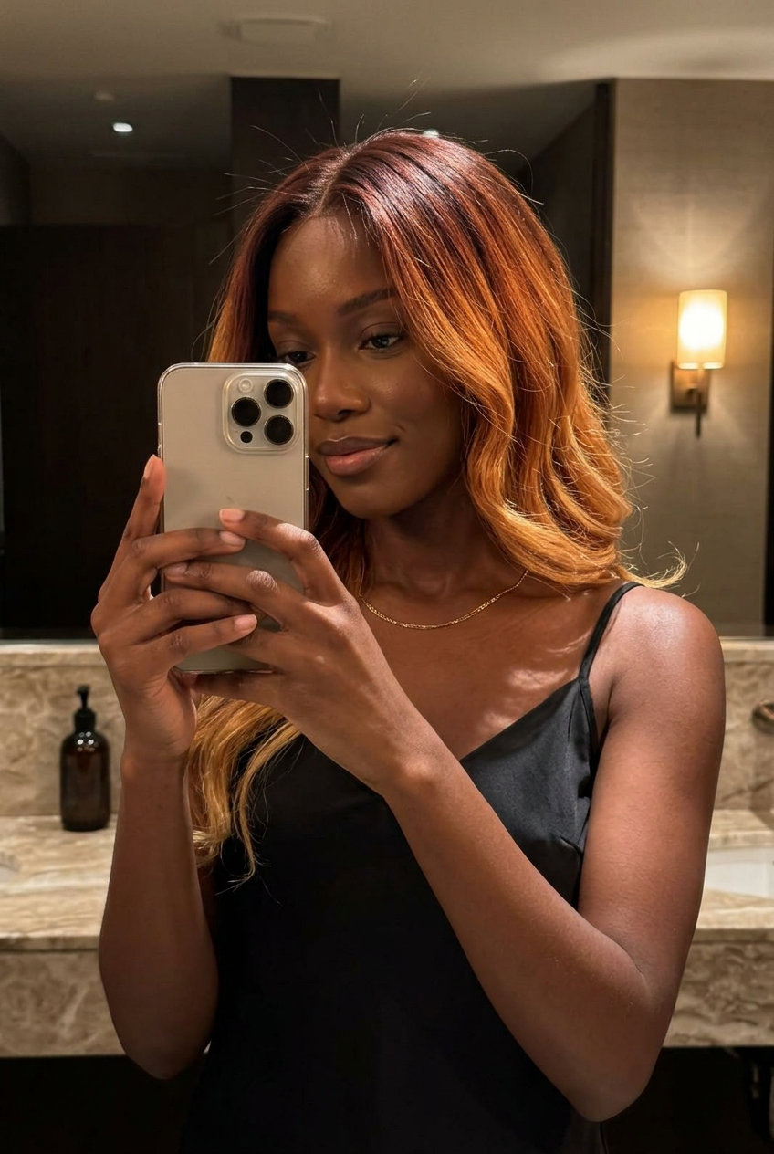 long layered ombre with deep mahogany to golden blonde, hand-painted technique for summer
