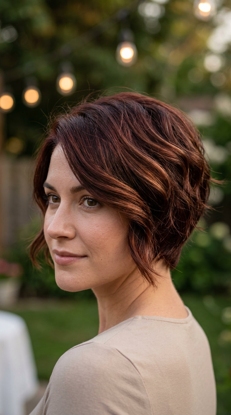 very short pixie haircut in deep mahogany with auburn balayage, face-framing layers, romantic mood