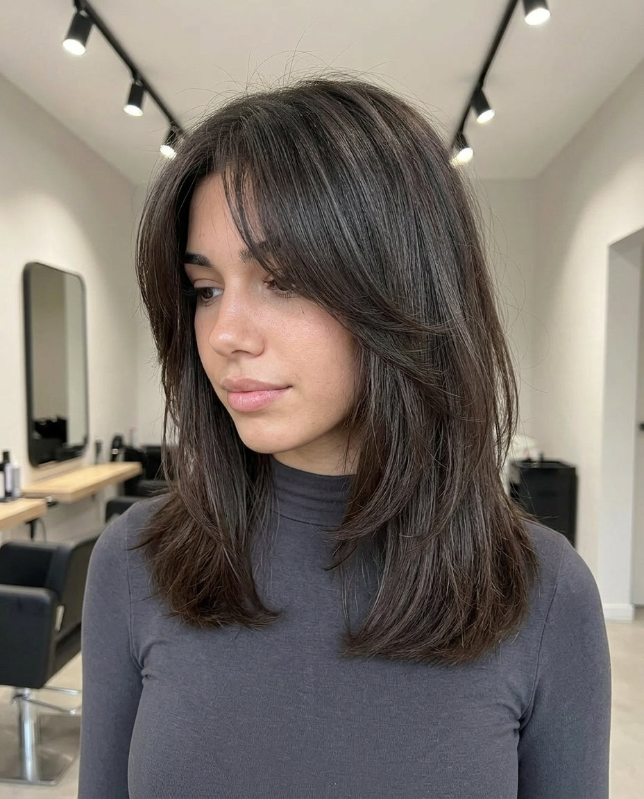 medium-length espresso brunette shag with choppy layers and wispy curtain bangs for a playful look