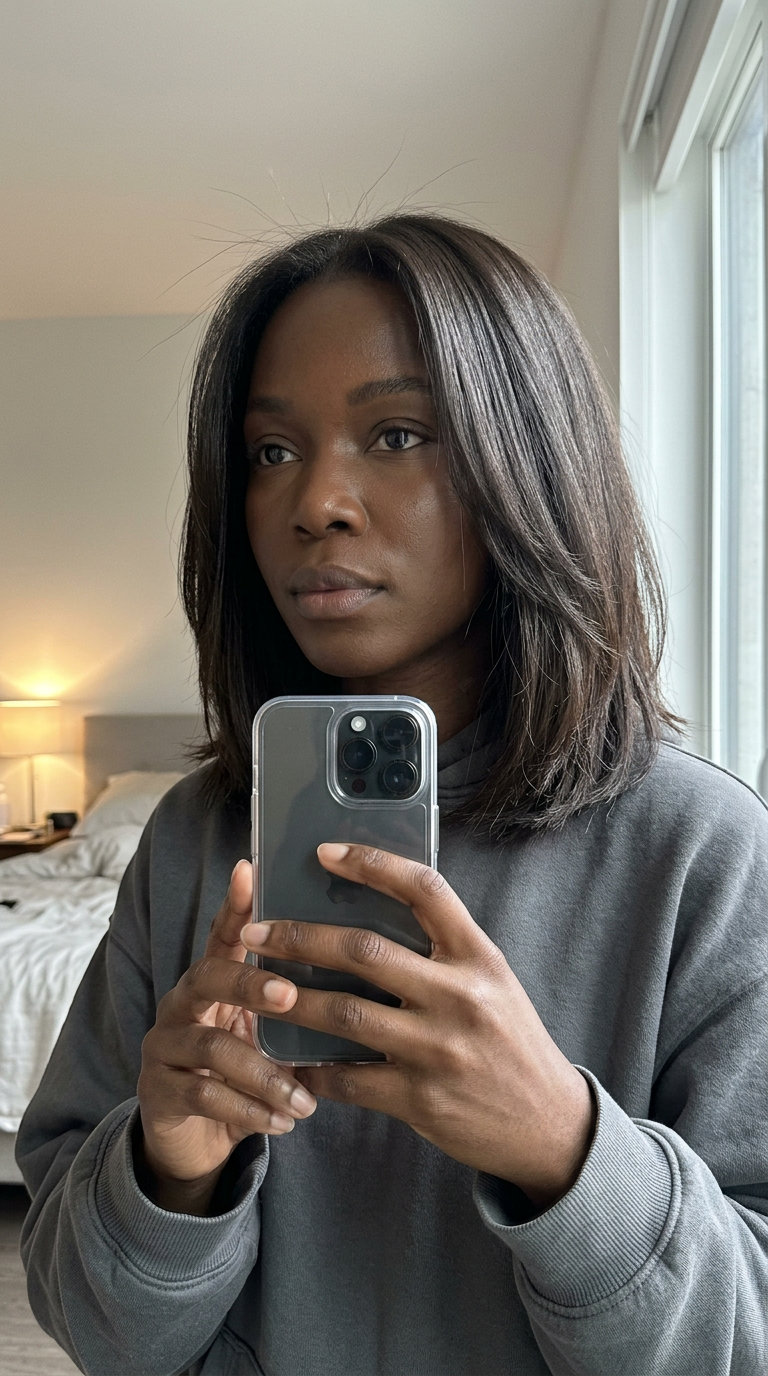 shoulder-length matte espresso brunette lob with soft internal layering and minimal face frame for effortless summer