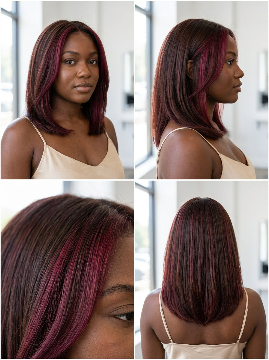 long merlot face-framing highlights on dark base, vibrant red-violet halo effect — playful concert look