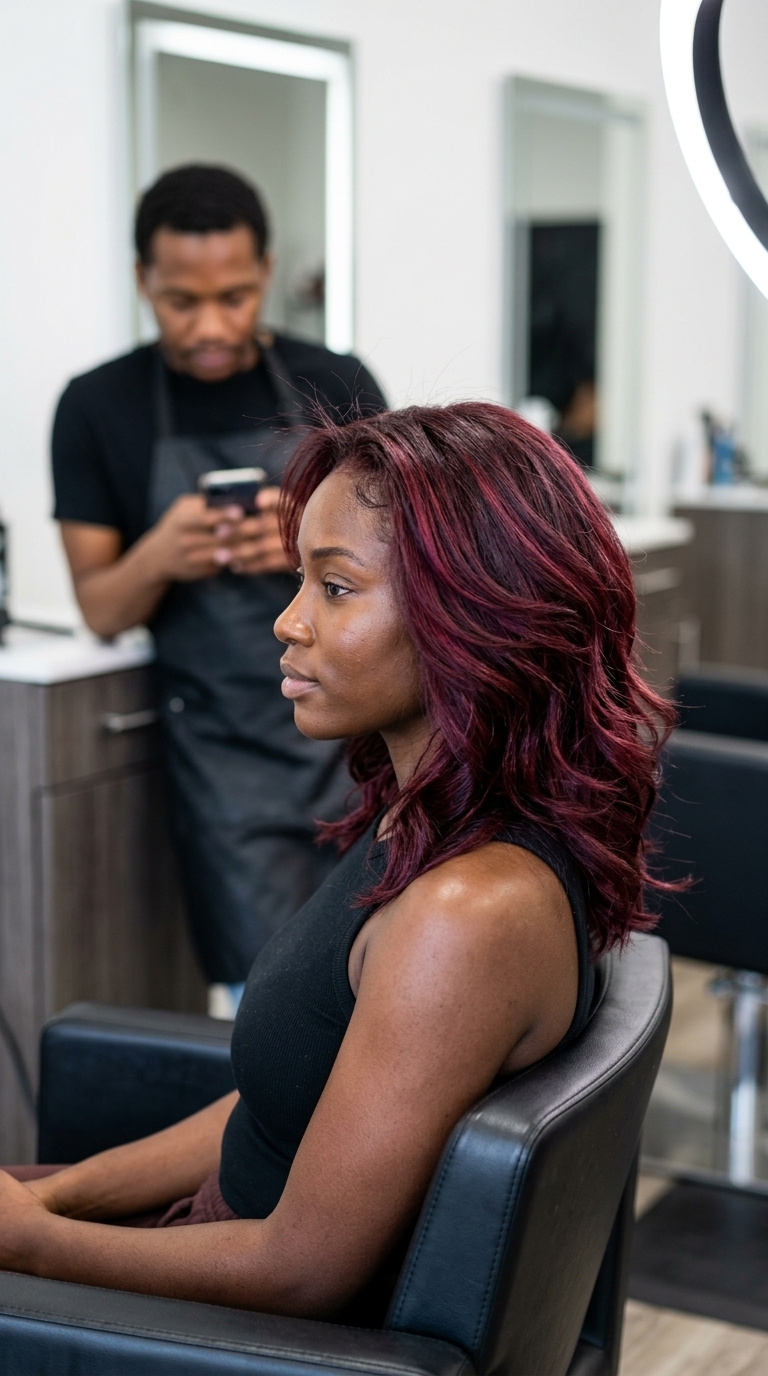 long merlot foilayage with red-violet undertones, high-contrast ribbons for summer 2026