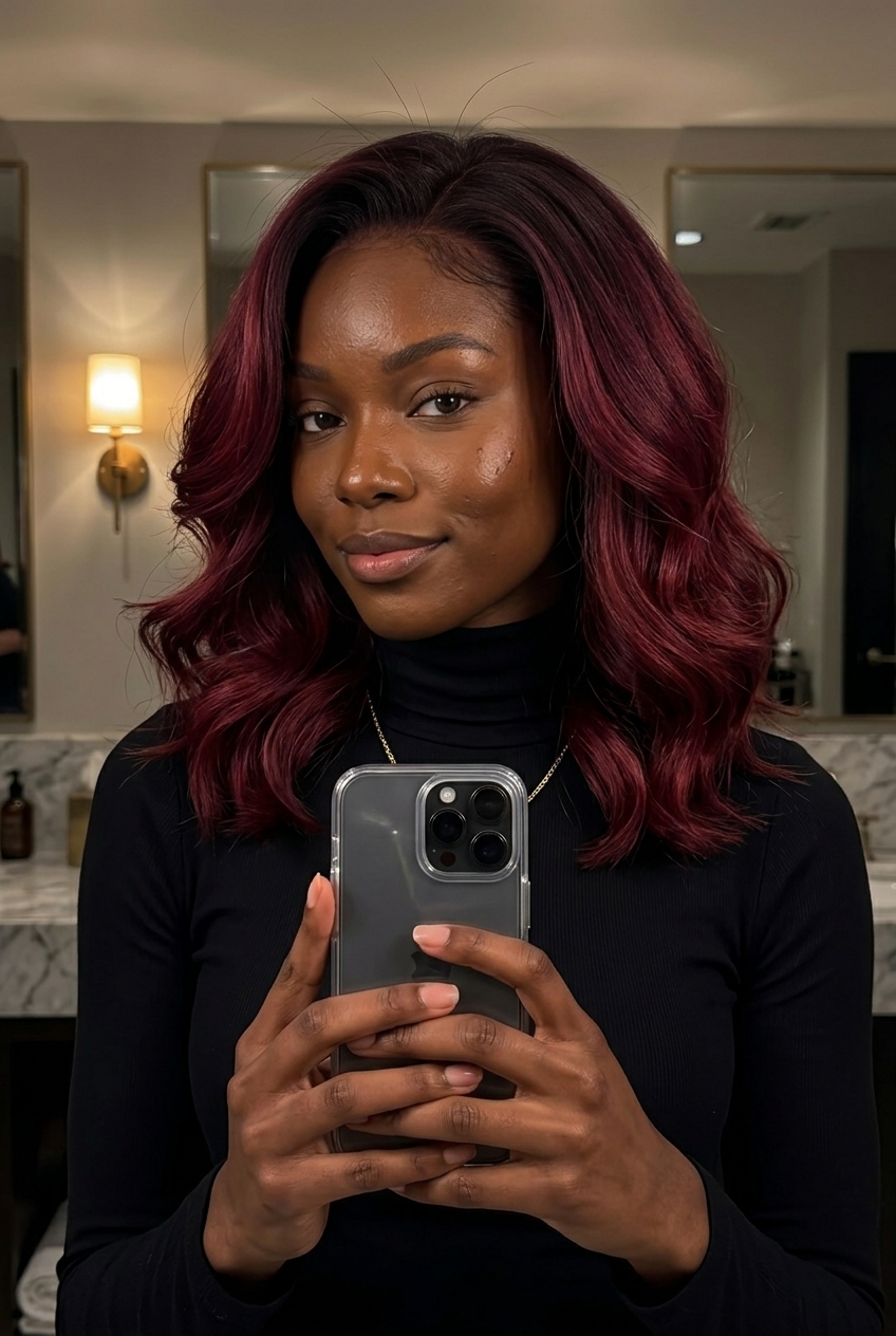 long deep merlot to cranberry ombré with velvety gradient and face-framing layers for formal events
