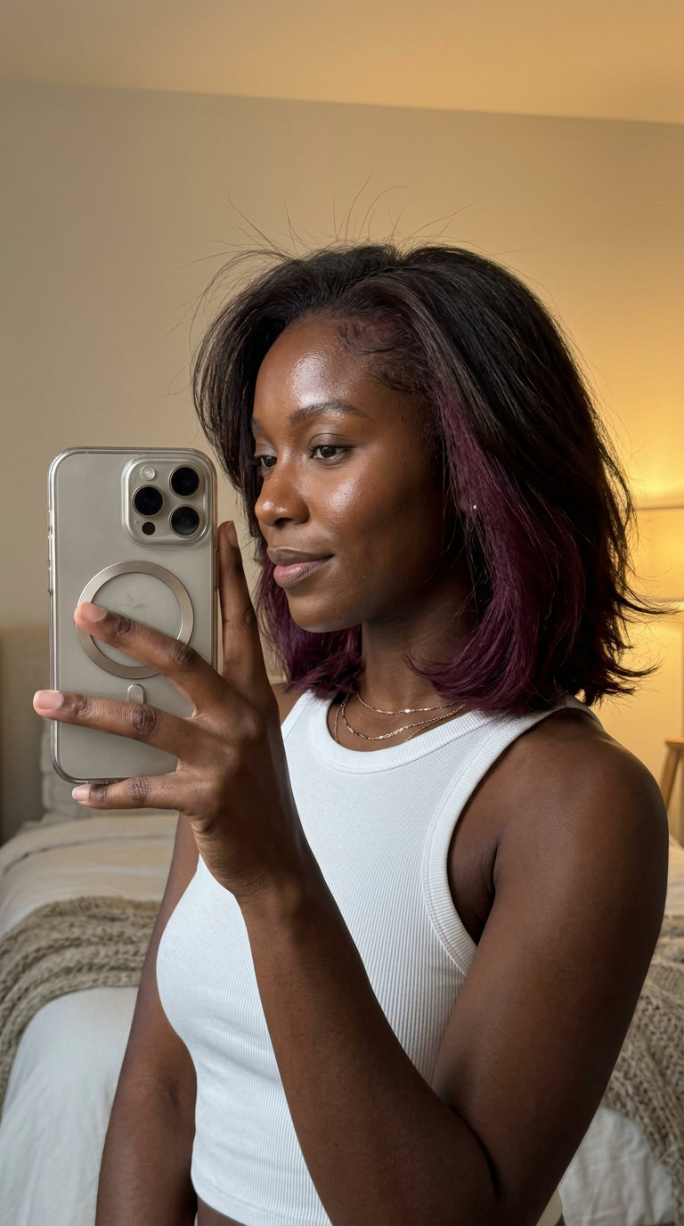medium length layered lob deep merlot violet-red hidden peekaboo, no fringe — edgy mystery