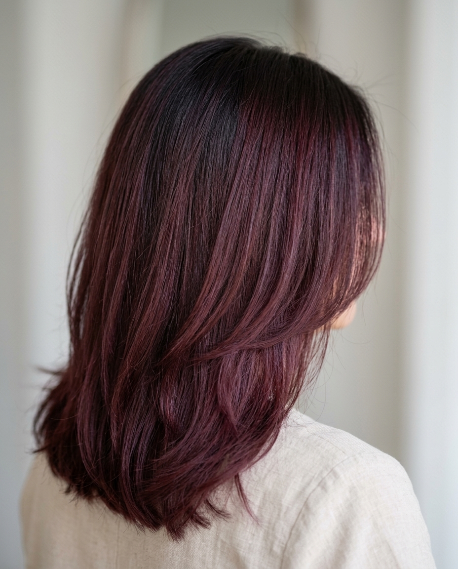 shoulder-length layered lob with merlot shadow root and cool violet-red undertones for daily wear
