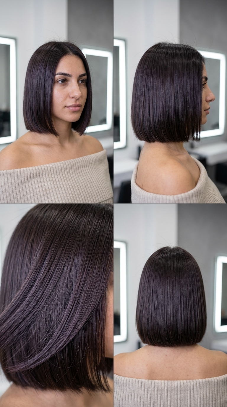 short cocoa bob with violet reflects, blunt cut — sophisticated