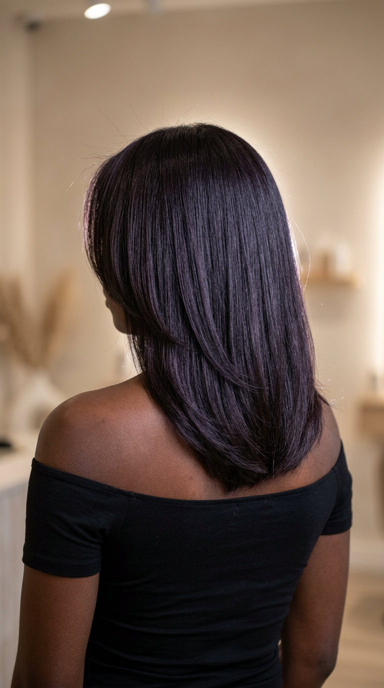 collarbone butterfly haircut in midnight espresso with cool violet undertone, subtle internal layers, elegant mood