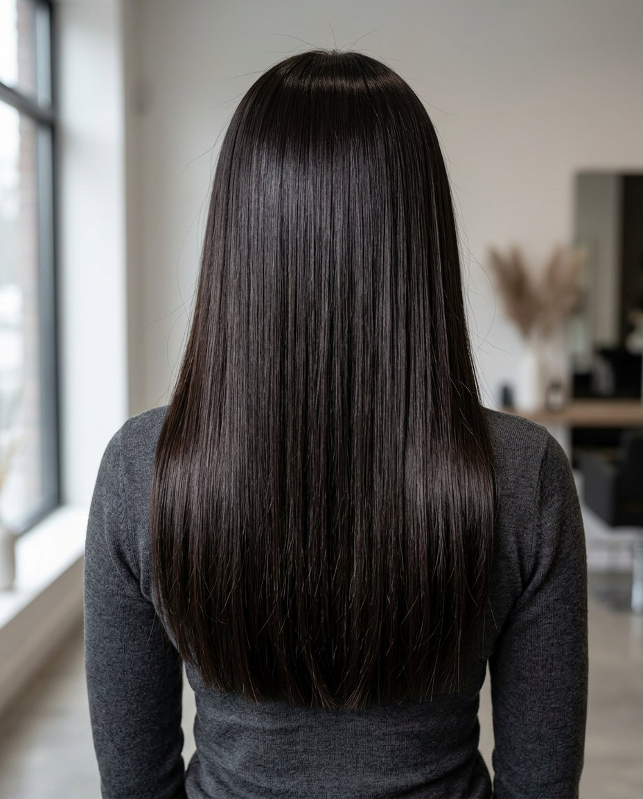 long one-length blunt cut espresso brunette with high-gloss finish for a glamorous night out