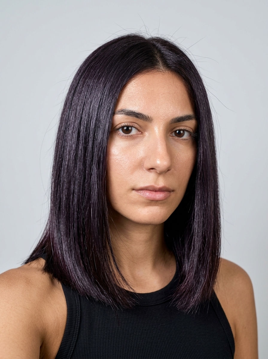 medium blunt haircut with midnight espresso, deep violet gloss, no bangs — professional bold gallery opening