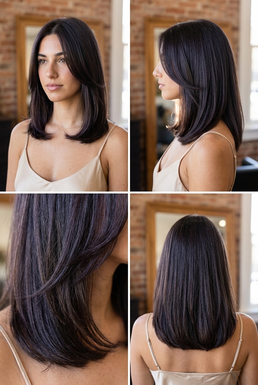 medium layered haircut with deep midnight espresso, C-curve face-framing layers — sophisticated professional meeting
