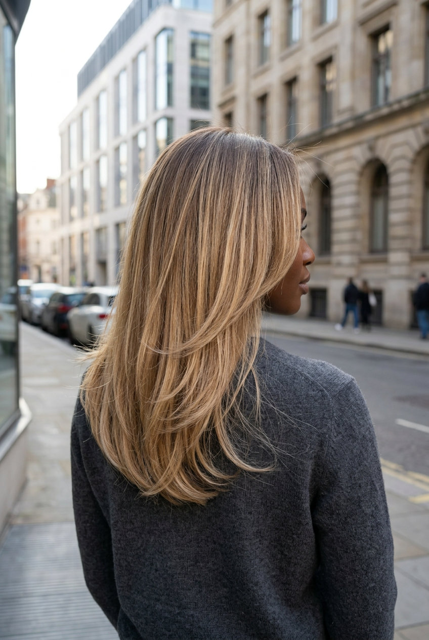 long soft c-cut buttercream bronde with milky gold, babylights, no fringe — soft, radiant