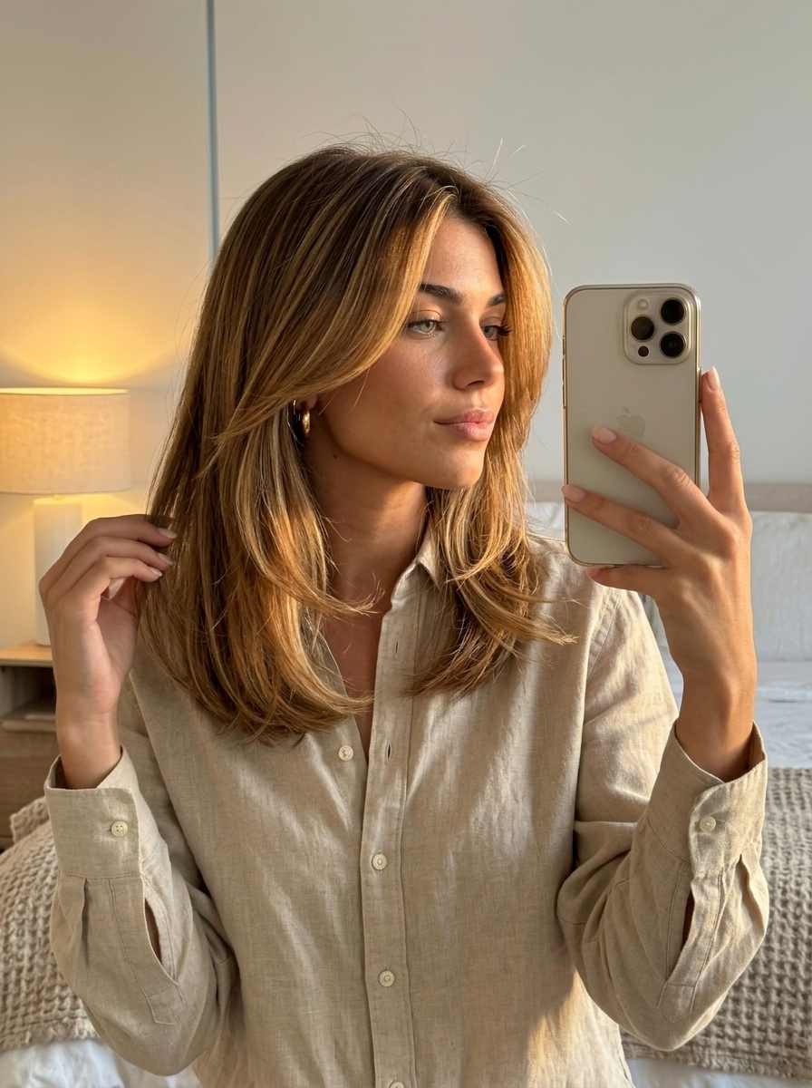 collarbone-length layered bob with espresso brunette, mocha balayage, and caramel babylights for summer