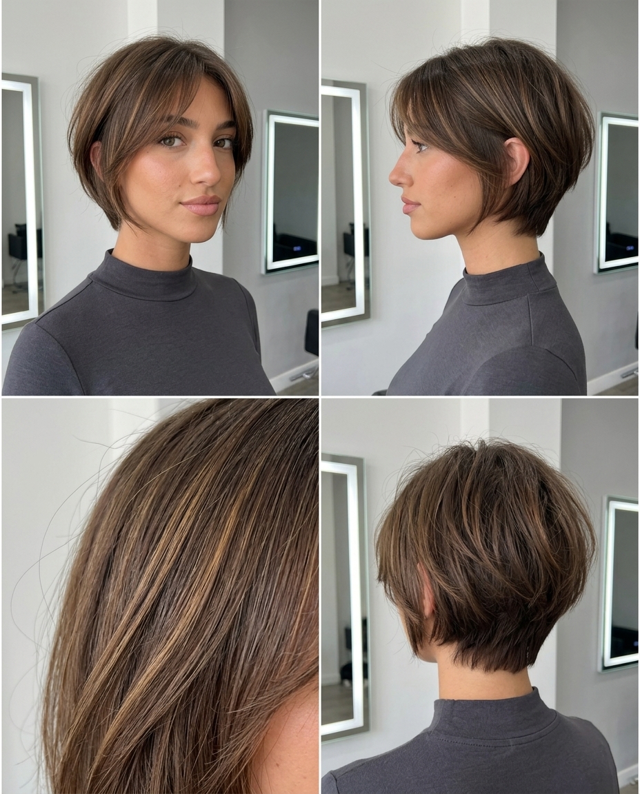 short bixie haircut with mocha brunette & caramel babylights, wispy fringe for playful effortless look