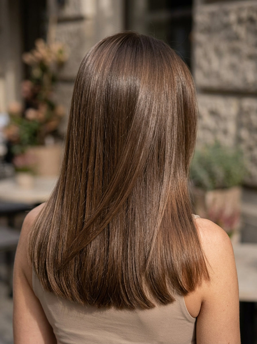long monochromatic mocha brown hair with glazed finish, glass hair technique, no fringe — luxurious