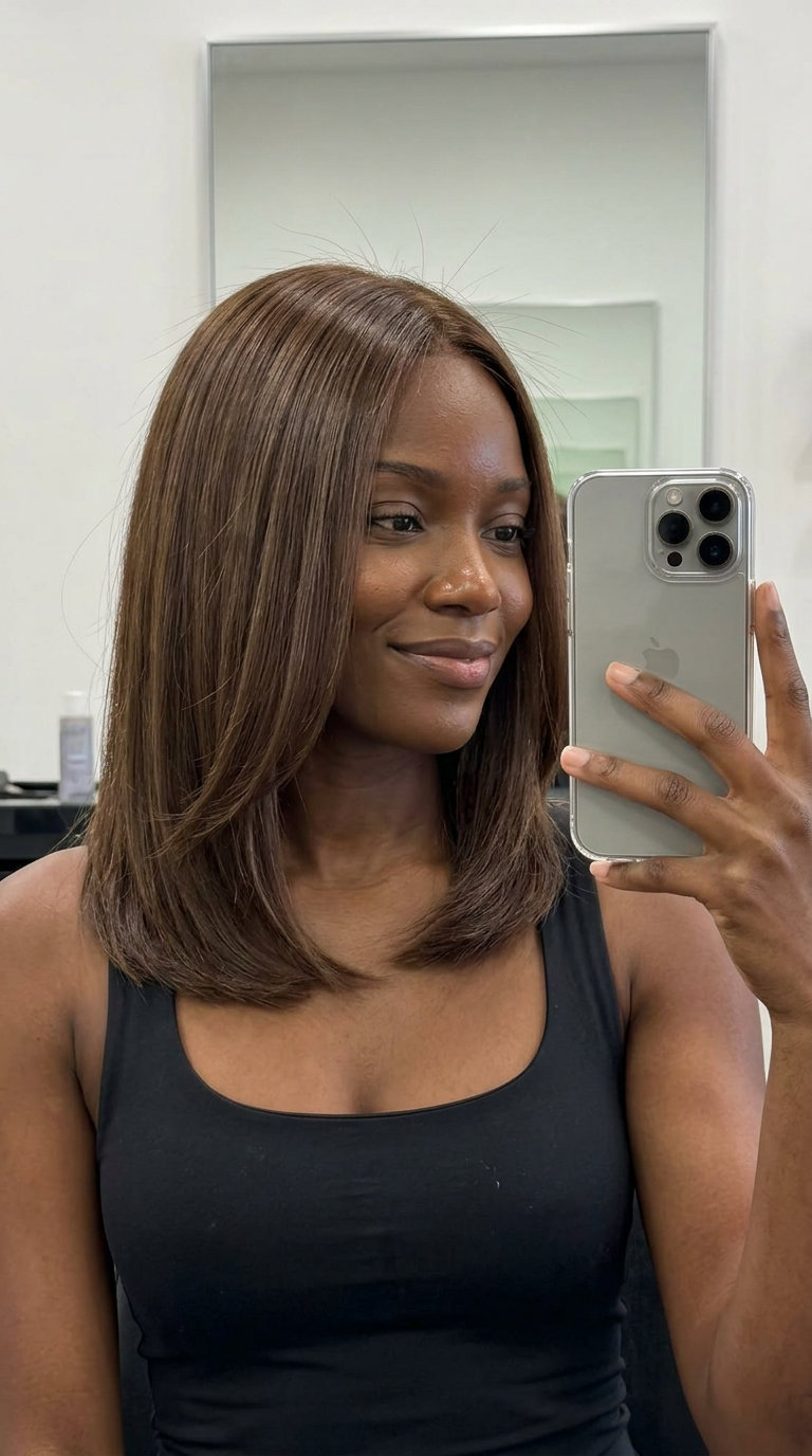 long cool-neutral mocha brown hair with all-over gloss, high-gloss finish, no fringe — sleek