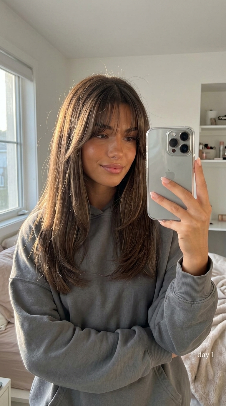 long haircut with cool mocha brunette, wispy fringe, soft layers — chic