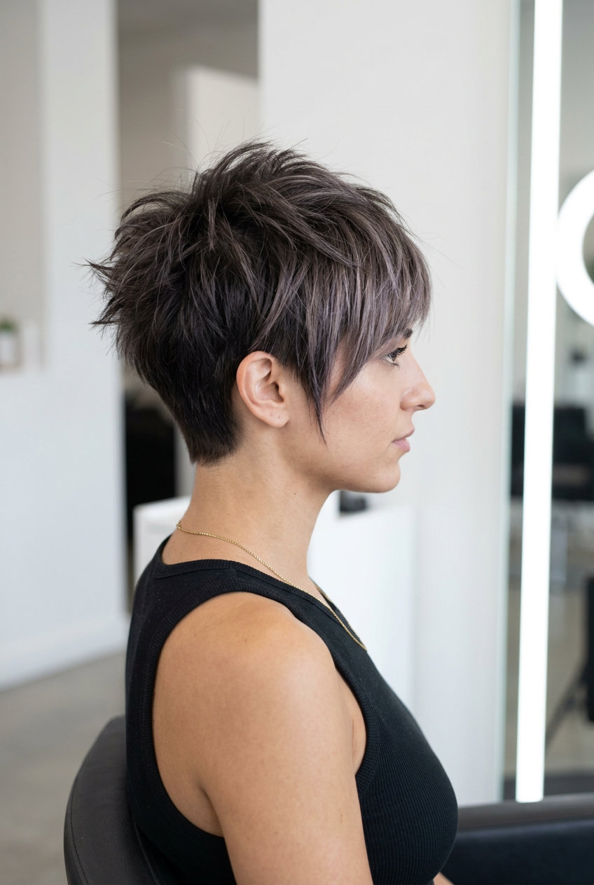 short pixie balayage with icy mocha & ash brown for edgy modern style
