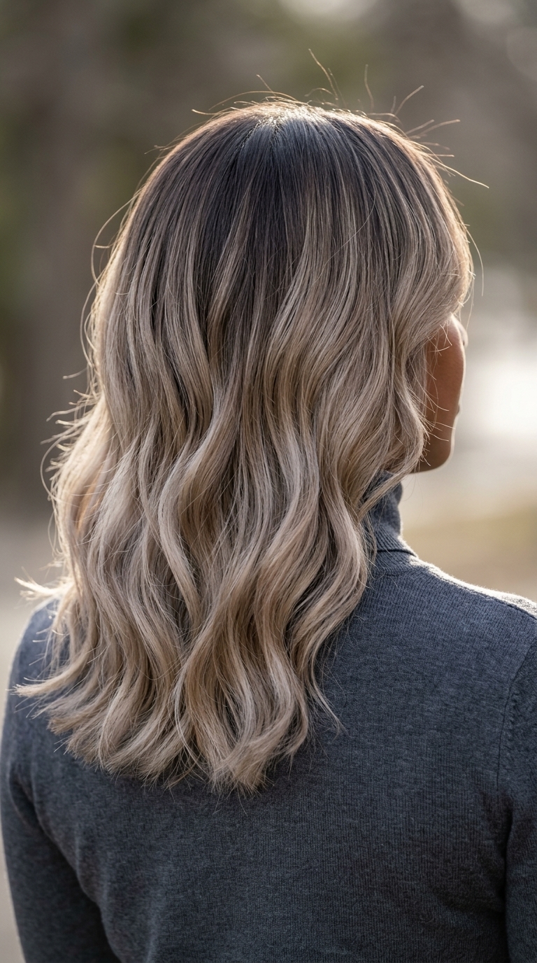 long layered hair ash blonde with mushroom melt, color melt, no fringe — soft
