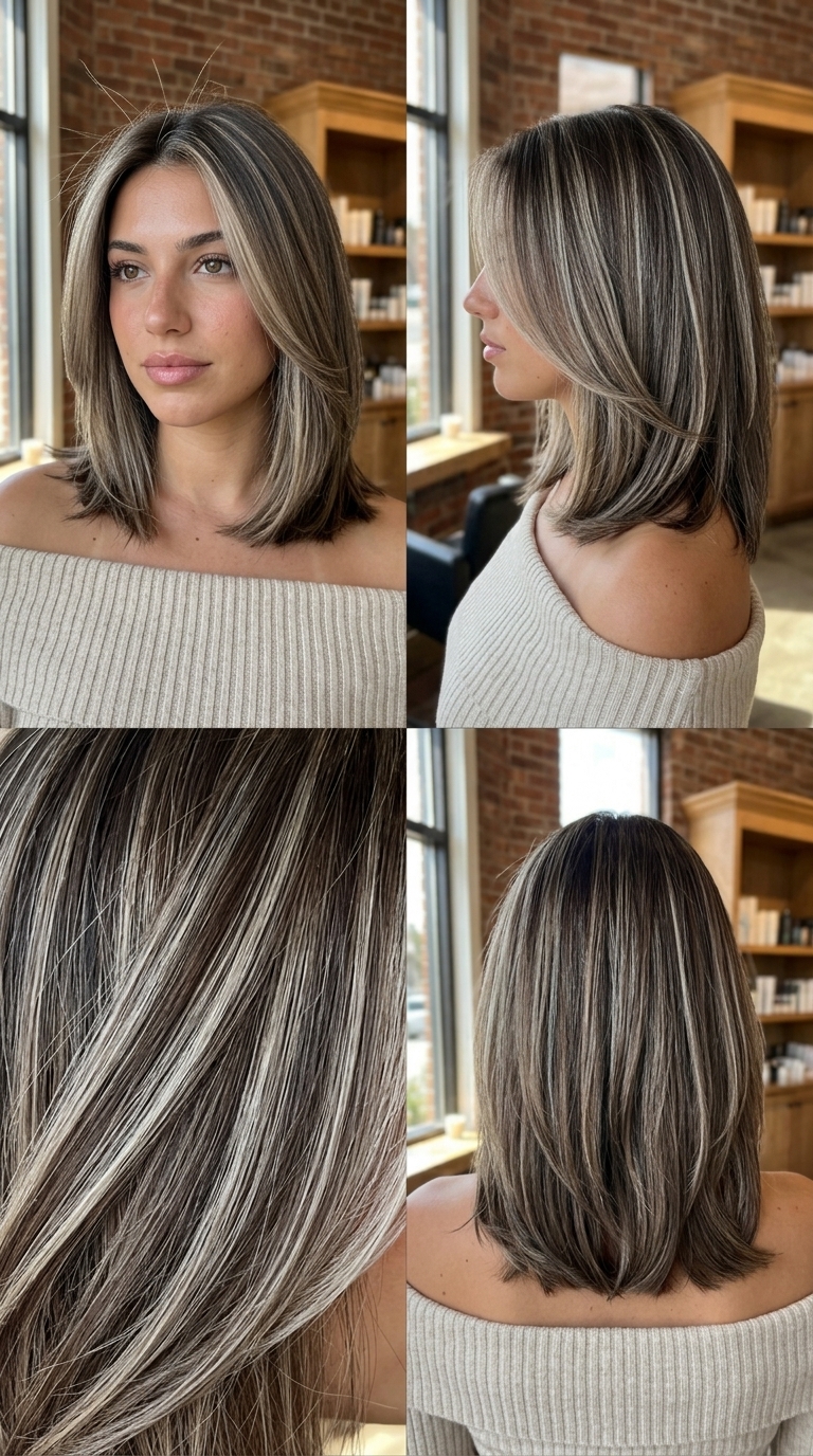 shoulder-length layered bob ash blonde with mushroom silk color, foilayage, no fringe — sophisticated