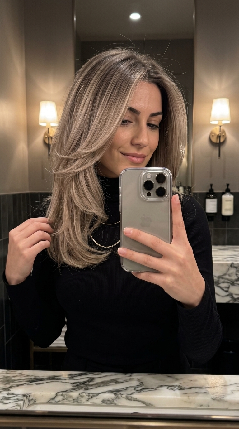 long mushroom beige balayage with cool beige, soft mushroom, ash brown root, seamless blend — chic summer