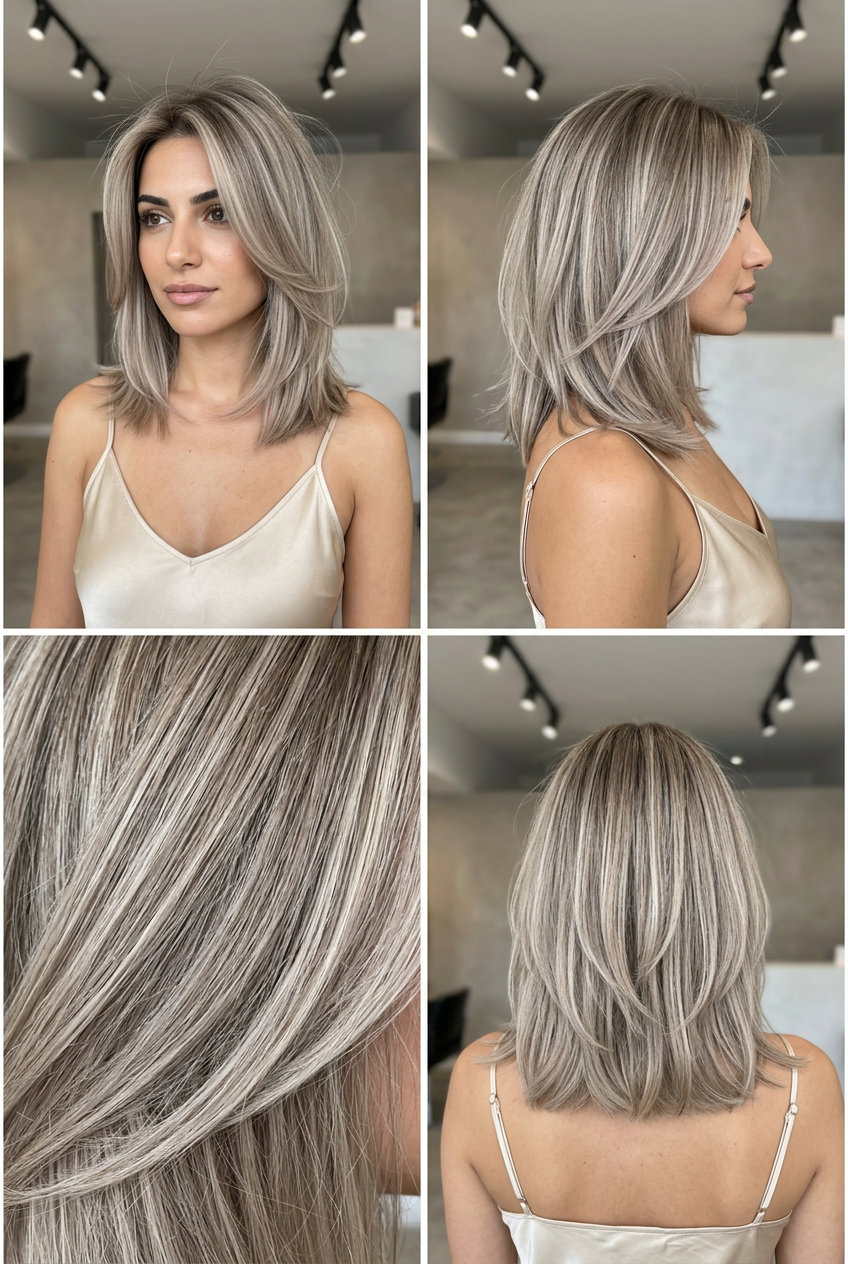 collarbone lob haircut in mushroom blonde with ash undertones, long face-framing layers, soft
