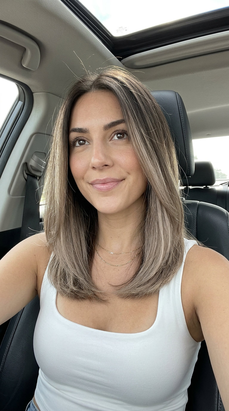long mushroom bronde haircolor with cool ash, color melt, no fringe — sophisticated
