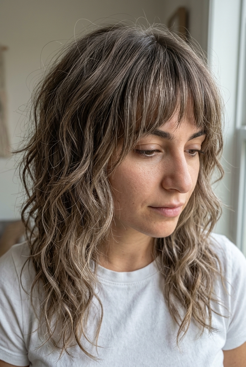 medium-long mushroom blonde wolf cut with choppy bangs and cool beige balayage for summer